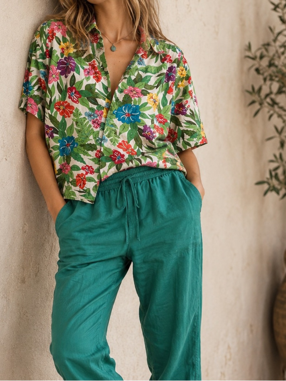 Vintage Lizsport Tropical Floral Hawaiian Cotton Button Down Shirt Sz Large